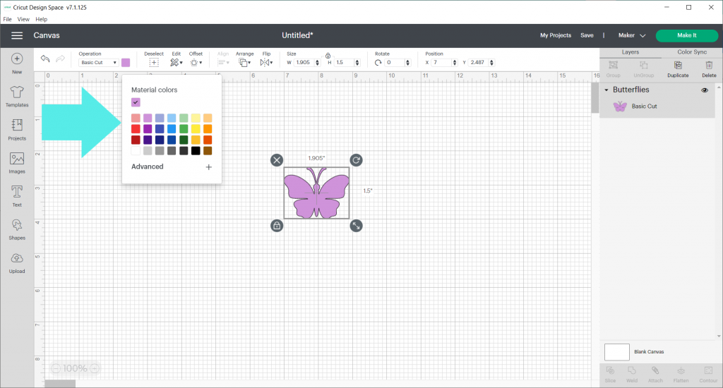 Select a new color in Cricut Design Space