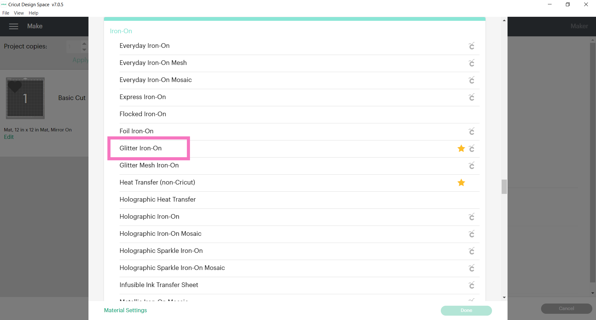 Select Glitter Iron on in Cricut Design Space