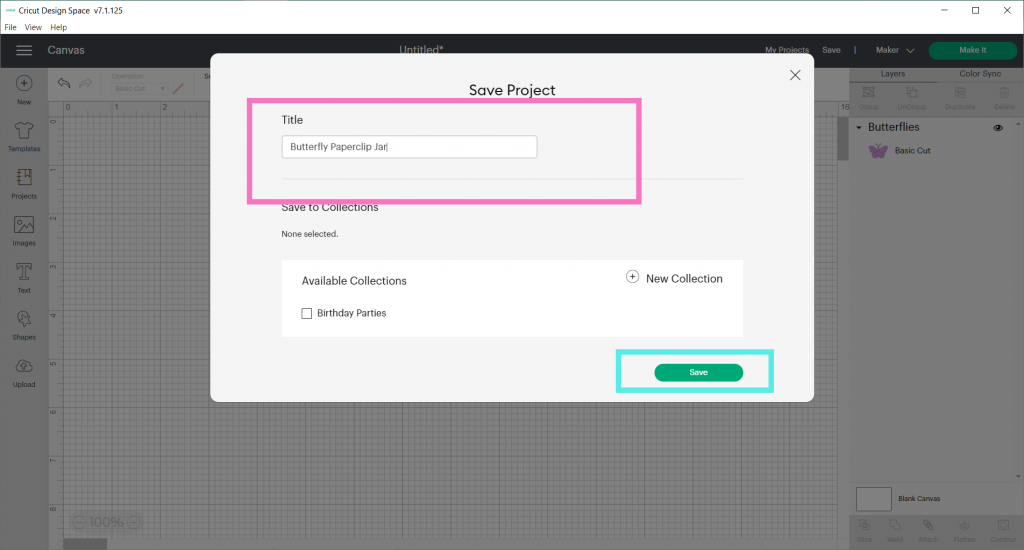 Insert a Title for your project and click save in Cricut Design Space