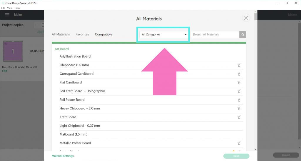 Click on All Categories in Cricut Design Space