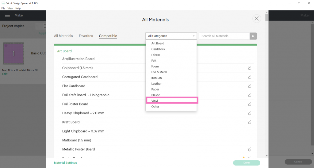 Choose the Vinyl Category in Cricut Design Space