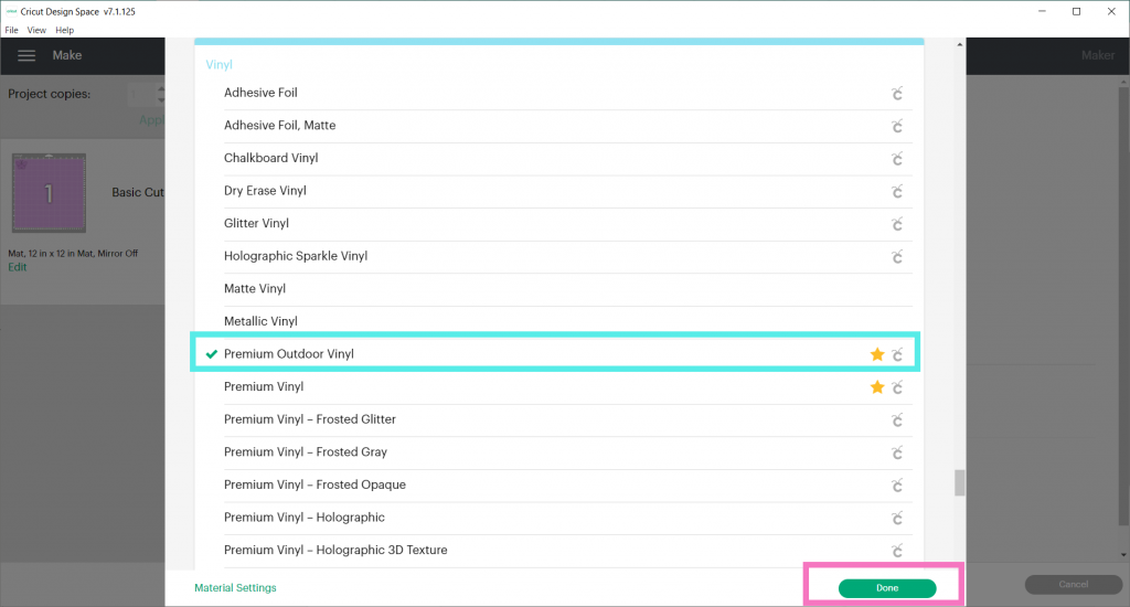 Select Premium Outdoor Vinyl in Cricut Design Space