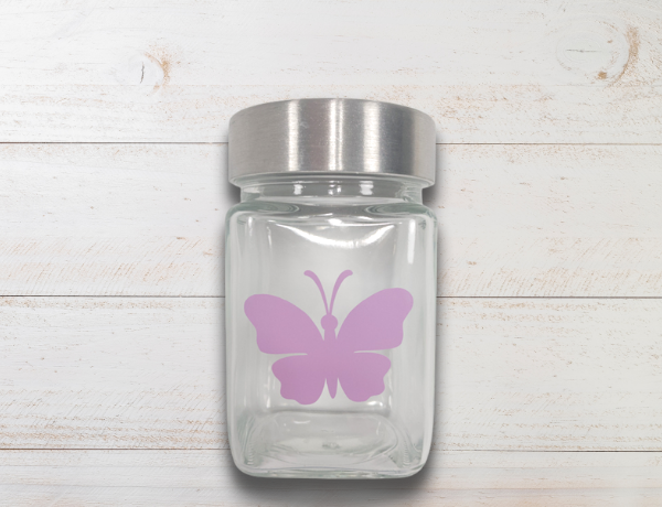 Small Glass Jar with Purple Butterfly Decal