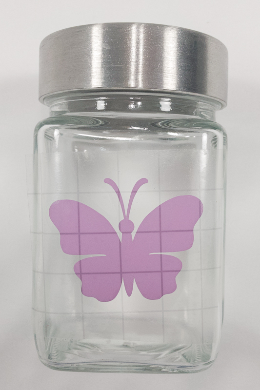Glass Jar with purple outdoor vinyl butterfly with transfer tape