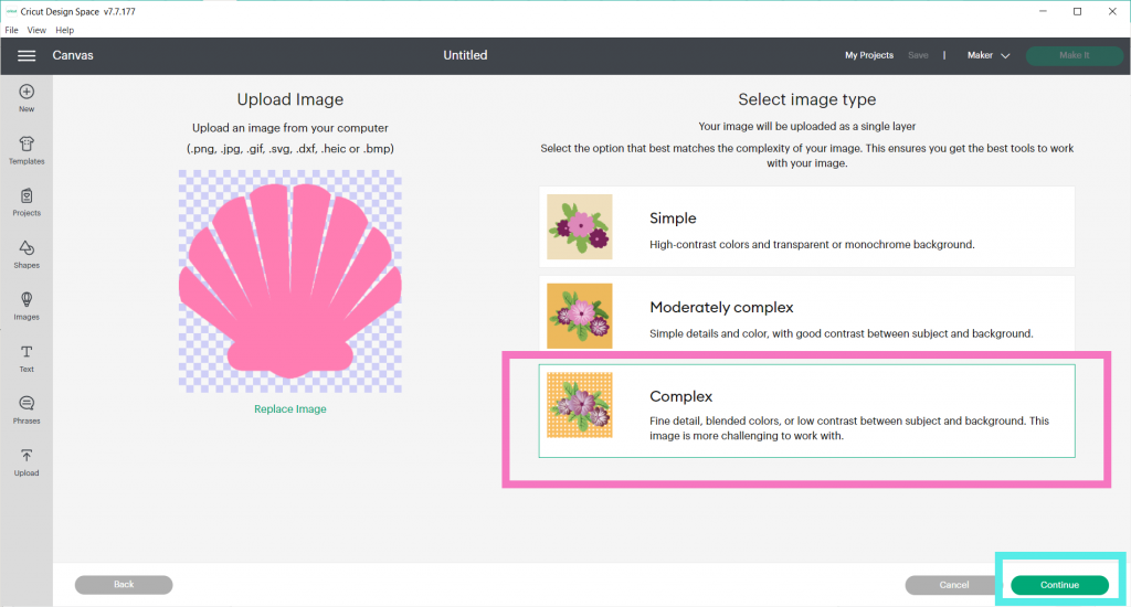 for print then cut, choose complex to upload the image to cricut