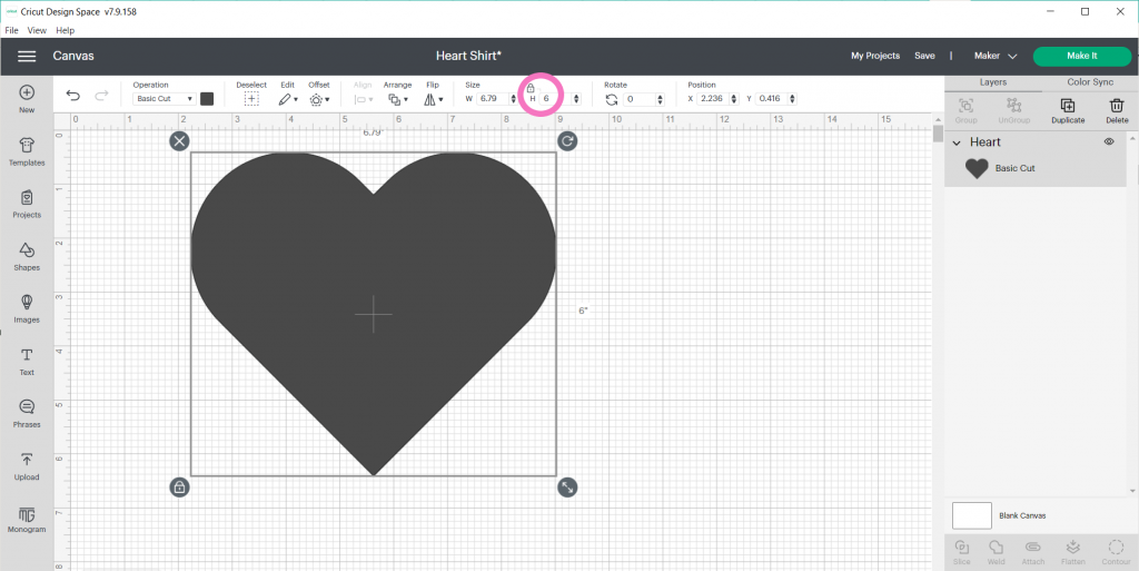Resized heart image to a bigger size in Cricut Design Space