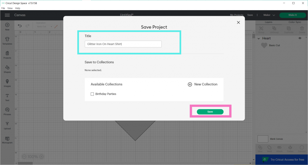 Title Your Project in Cricut Design Space and then click on Save