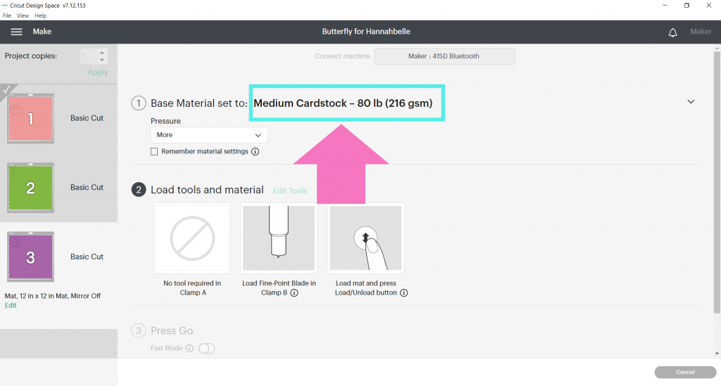 click on your current material setting to change the cut setting in Cricut Design Space