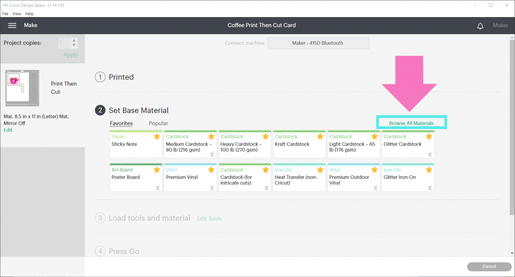 choose base material in Cricut Design Space