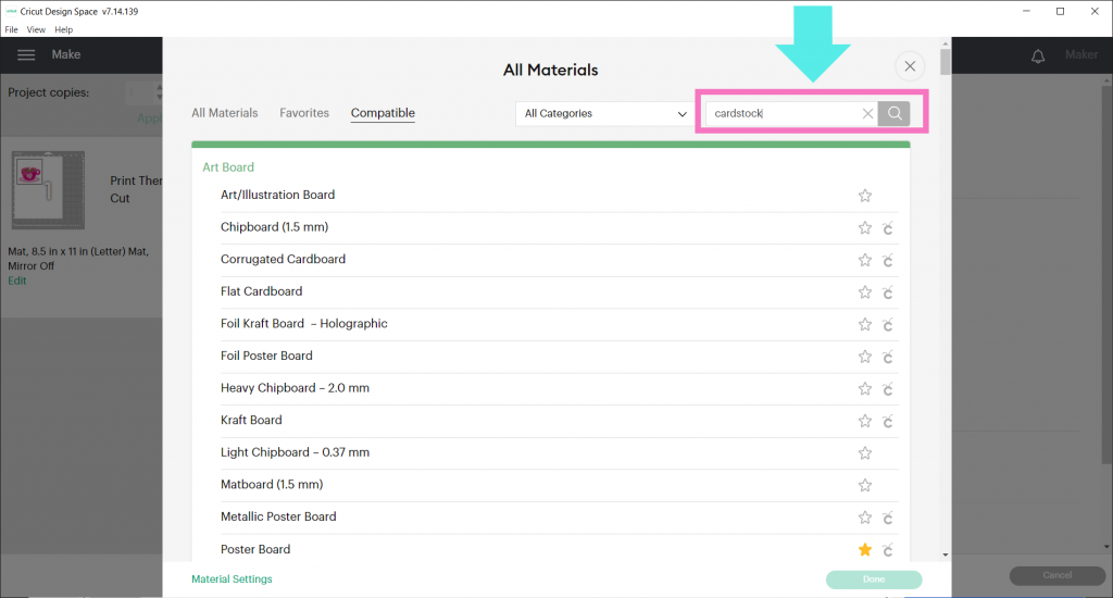 type cardstock in the search bar