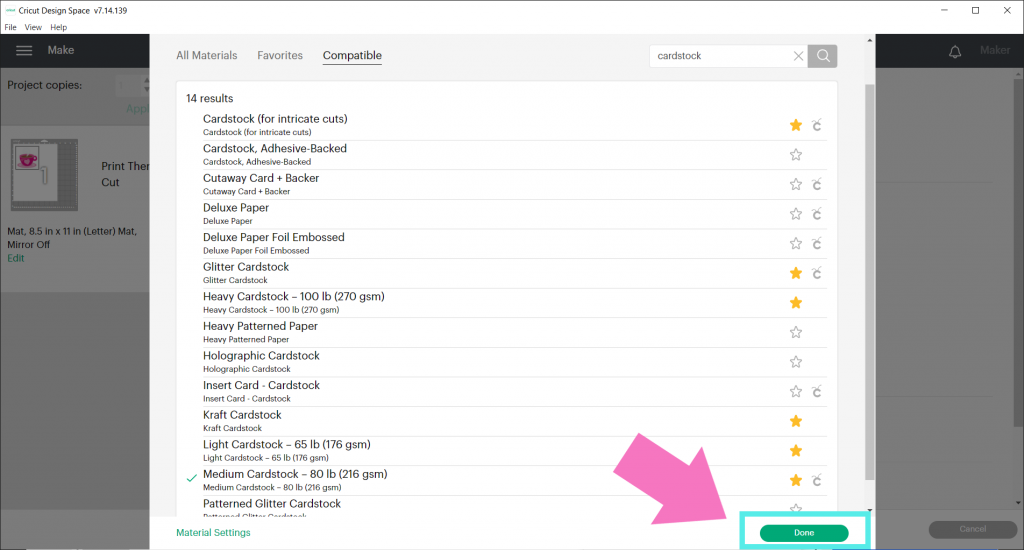 cardstock search results in Cricut Design Space material settings