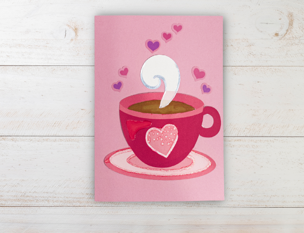 print and cut pink coffee cup with hearts on a pink card